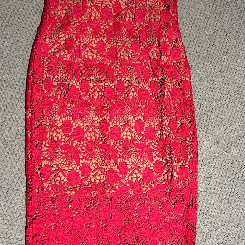 Bardot Strapless Red Floral Lace Dress - Picture 12 of 16
